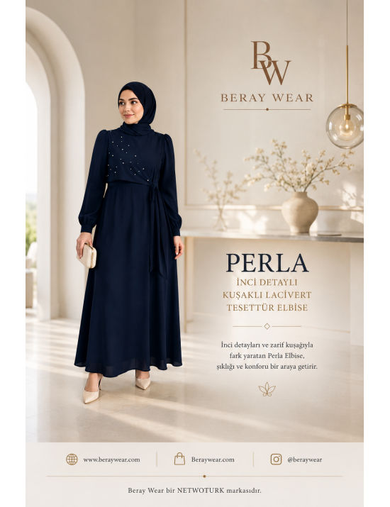 Perla Mirvari Detallı Kəmərli Lacivərt Tesettür Don | Beray Wear