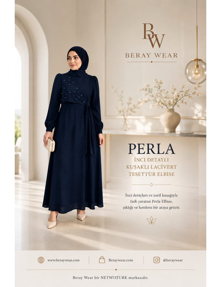 Perla İnci Detaylı Kuşaklı Lacivert Tesettür Elbise | Beray Wear