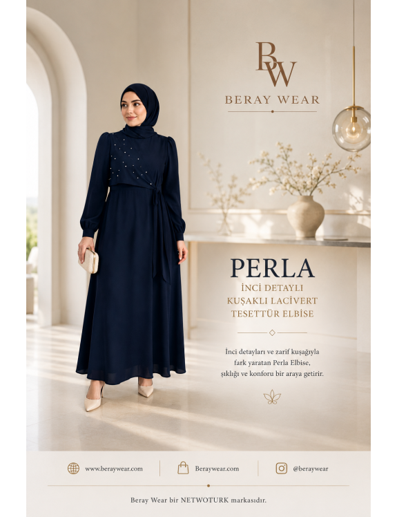 Perla Mirvari Detallı Kəmərli Lacivərt Tesettür Don | Beray Wear