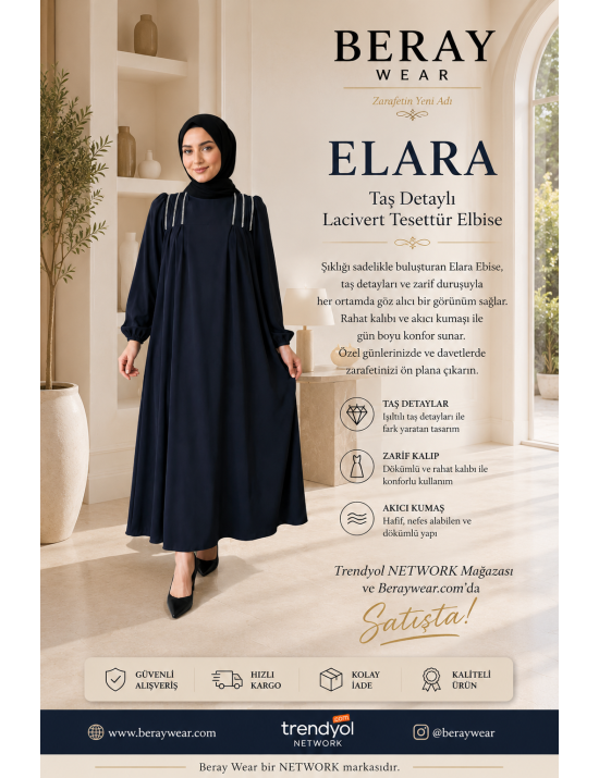 Elara Taş Detaylı Lacivert Tesettür Elbise