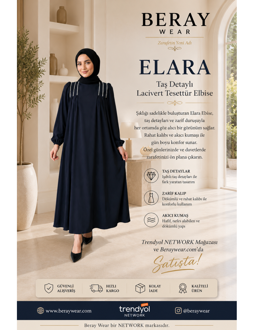Elara Taş Detaylı Lacivert Tesettür Elbise