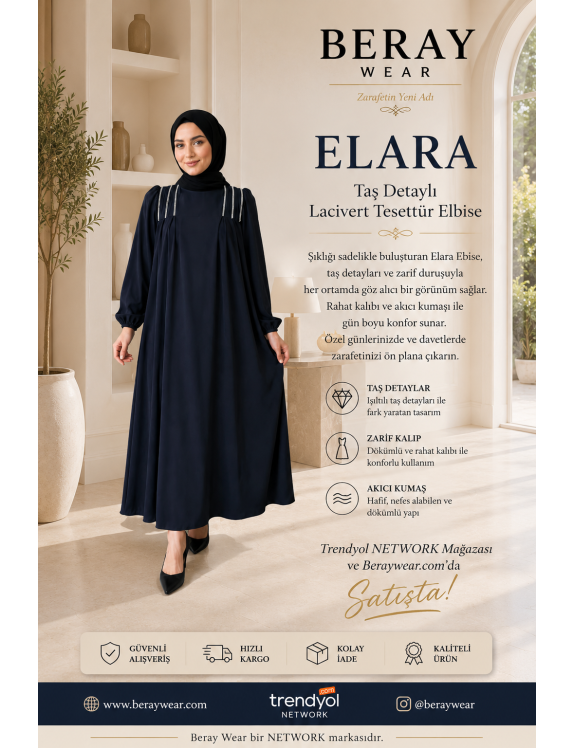 Elara Taş Detaylı Lacivert Tesettür Elbise